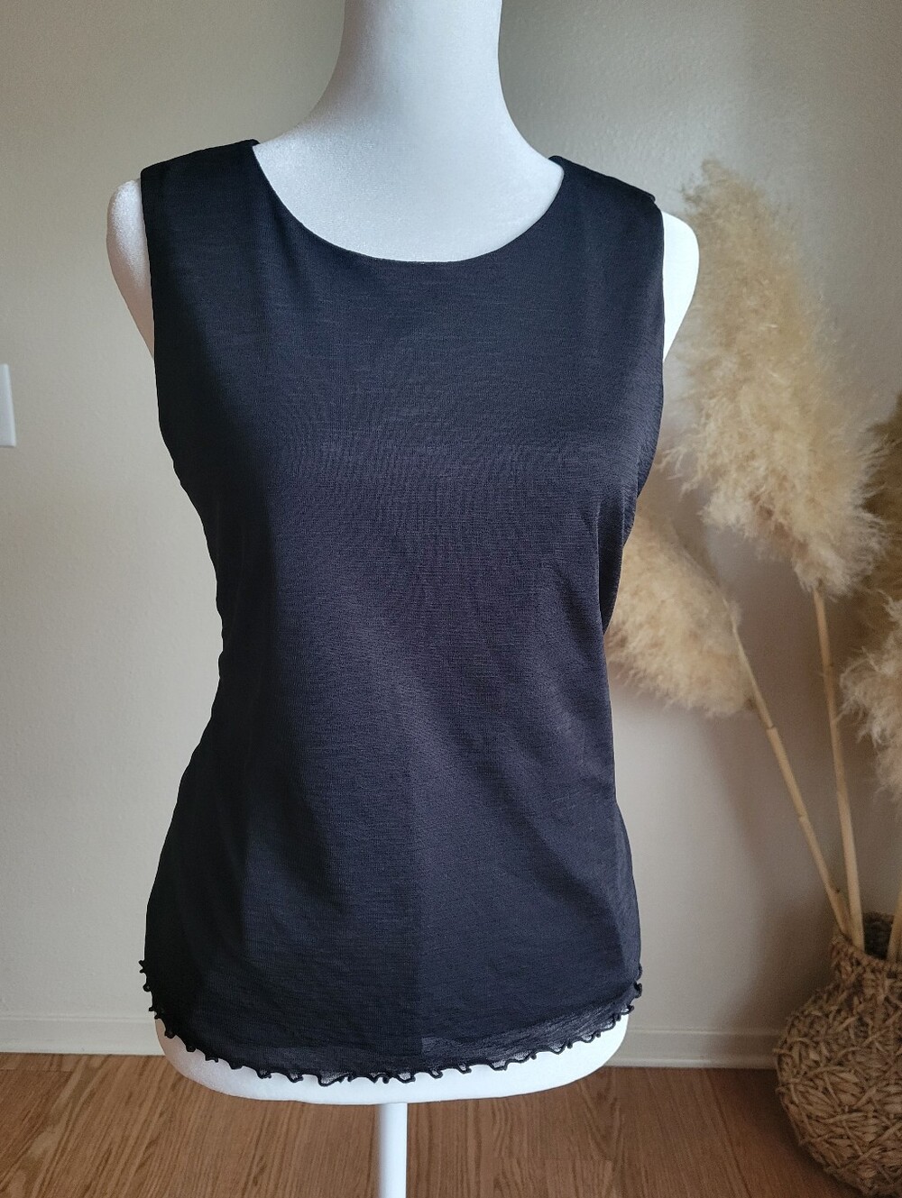 Vintage Sheer Lined Top Black Sleeveless Blouse Ruffle Hem Whimsy FairyGothcore